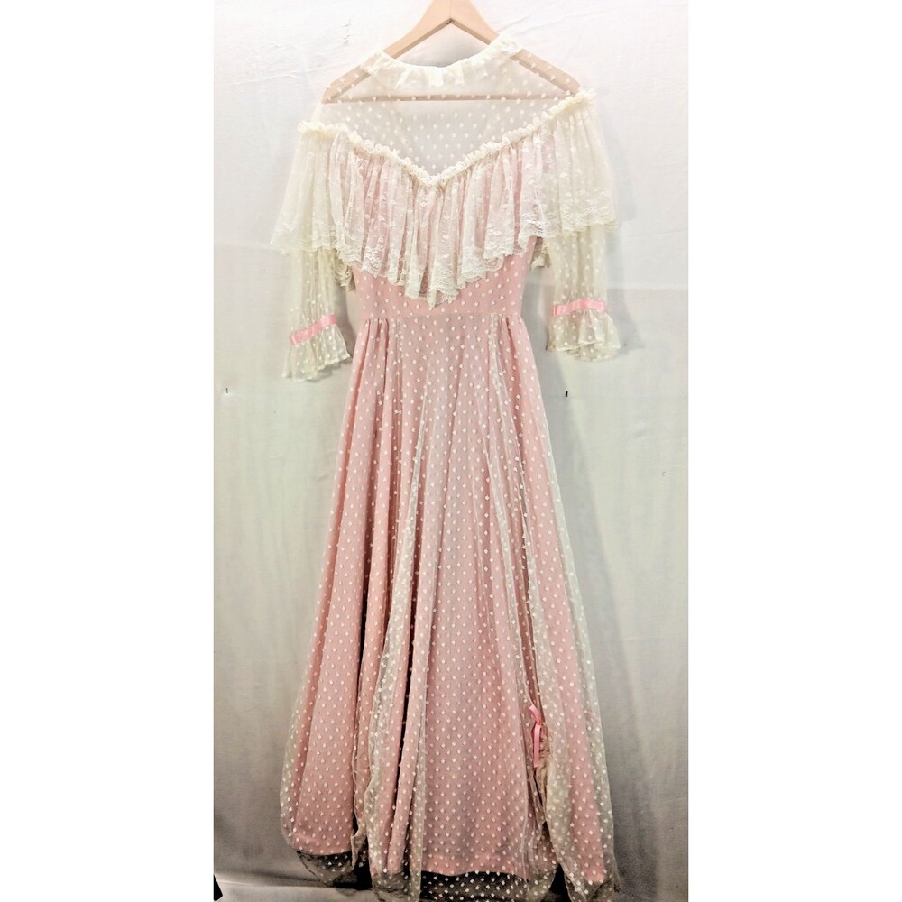 Vintage 1960's Lace Pink & White Maxi Dress Women's Size Small